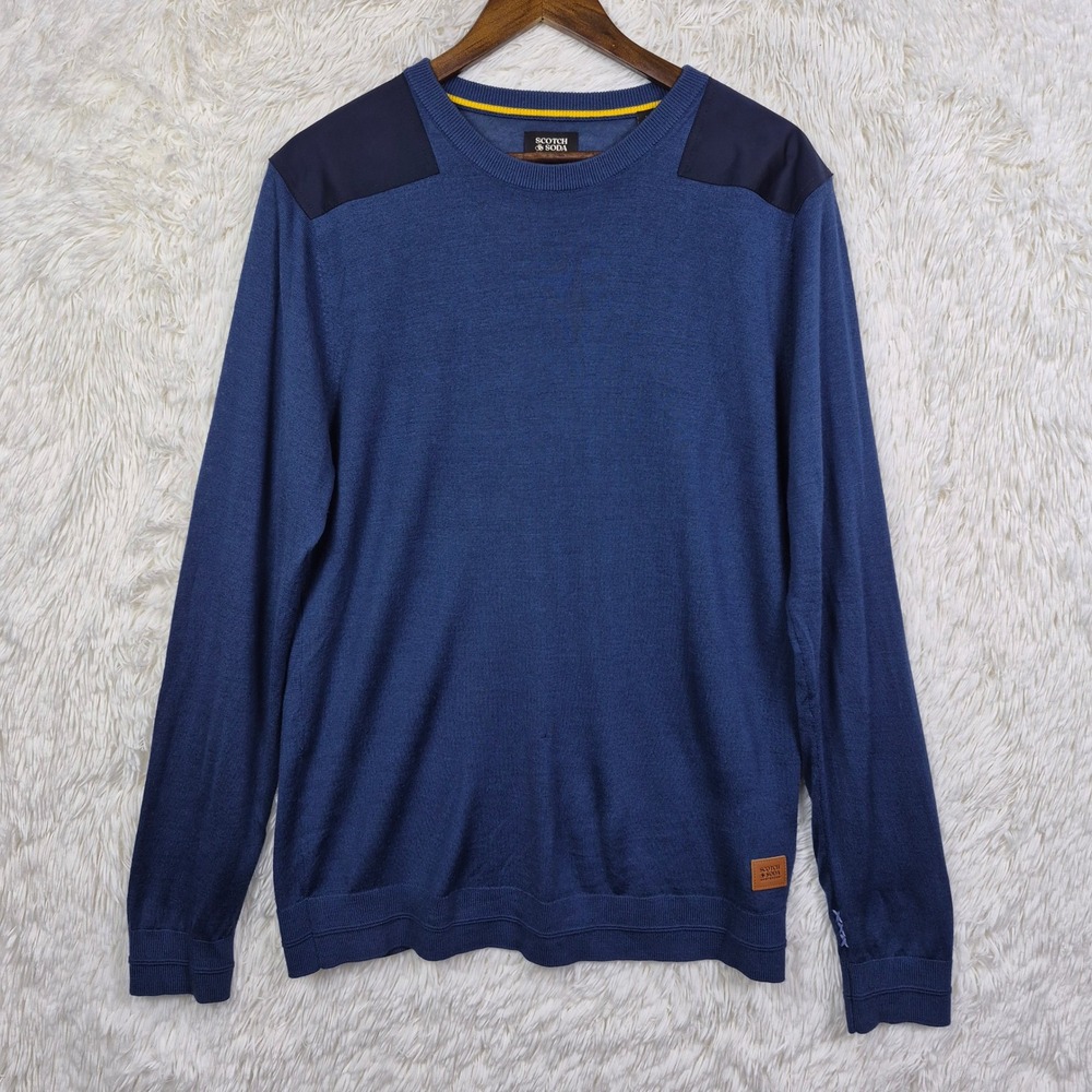 Scotch & Soda Mens Blue‎ Merino Wool Blend Shoulder Patch Sweater Large